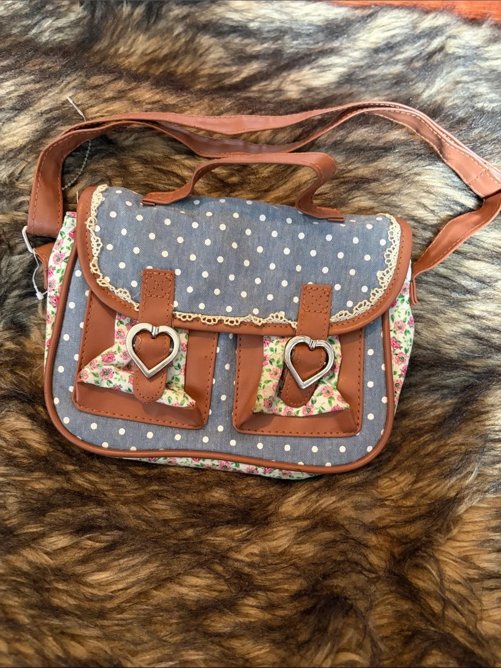 Clair’s Club Kids Mini Polka Dot Blue & Brown Heart-Accent Crossbody Bag
